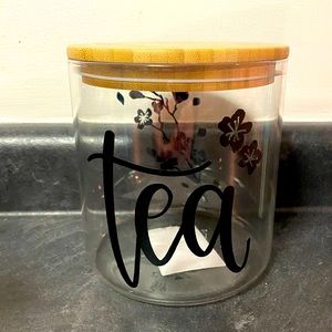 Wooden lid glass teabag organizing jar w/ flowers *handmade*